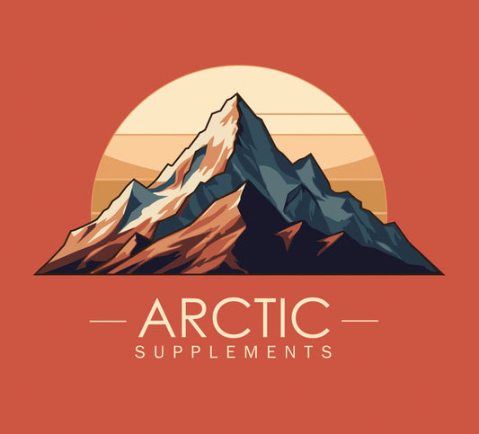 Logo of Arctic Supplements with mountain and sun design on a red background