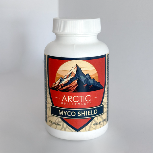 Supplement bottle labeled 'Arctic Supplements Myco Shield' with mountain design on label.