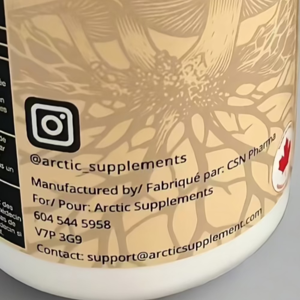 Bottle description of ingredients, Reishi, Lion’s Mane, Cordyceps, and Shiitake mushrooms